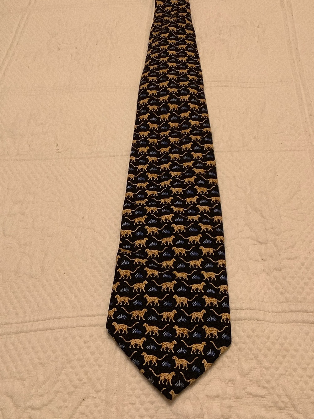 Brooks Brothers Black Silk Tie with Gold Leopard Motif